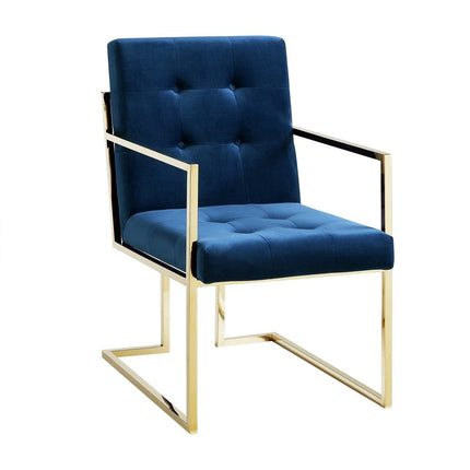 Set of Two Tufted Navy Blue and Gold Upholstered Velvet Dining Arm Chairs HomeRoots