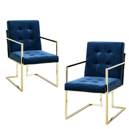 Set of Two Tufted Navy Blue and Gold Upholstered Velvet Dining Arm Chairs HomeRoots