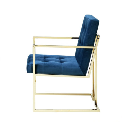 Set of Two Tufted Navy Blue and Gold Upholstered Velvet Dining Arm Chairs HomeRoots