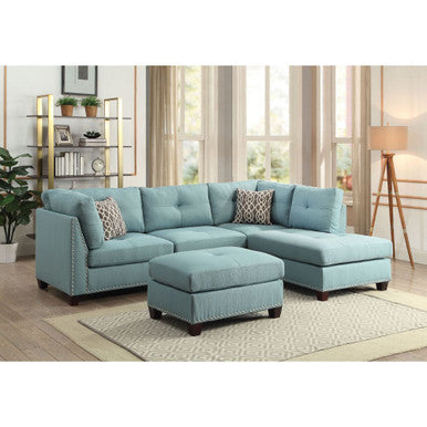 ACME 54395 Laurissa Sectional Sofa & Ottoman (2 Pillows), Light Teal Linen (1Set/2Ctn) ACME Furniture