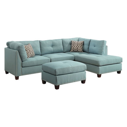 ACME 54395 Laurissa Sectional Sofa & Ottoman (2 Pillows), Light Teal Linen (1Set/2Ctn)