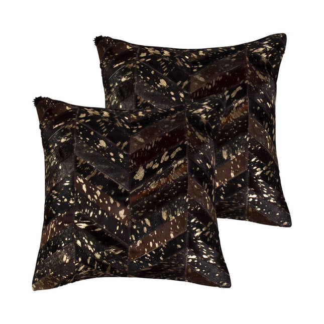 Set of Two 18" Chocolate and Gold Chevron Cowhide Throw Pillows with Glitter HomeRoots