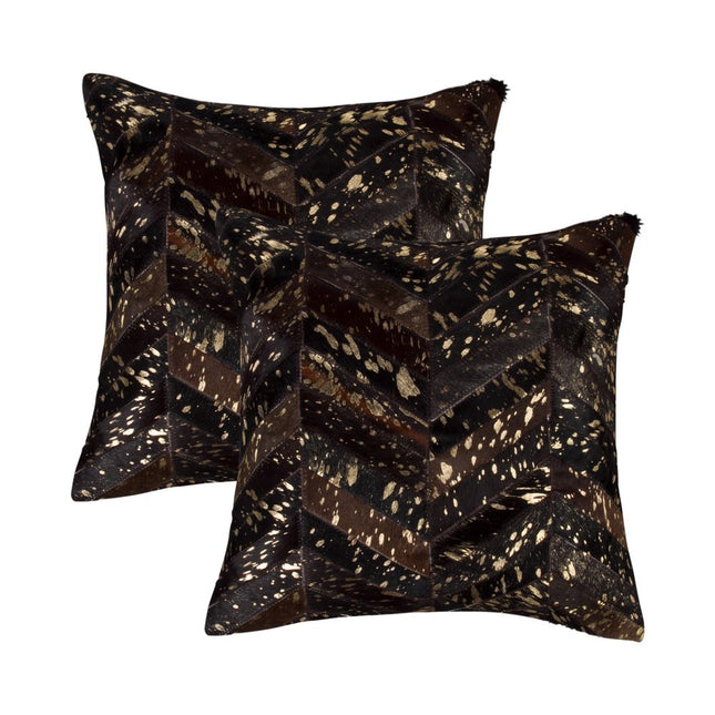 Set of Two 18" Chocolate and Gold Chevron Cowhide Throw Pillows with Glitter HomeRoots