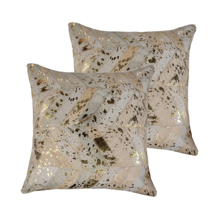Set of Two 18" Natural and Gold Chevron Cowhide Throw Pillows with Glitter HomeRoots