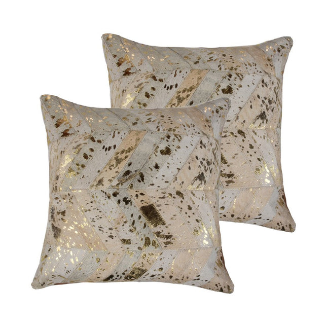 Set of Two 18" Natural and Gold Chevron Cowhide Throw Pillows with Glitter HomeRoots