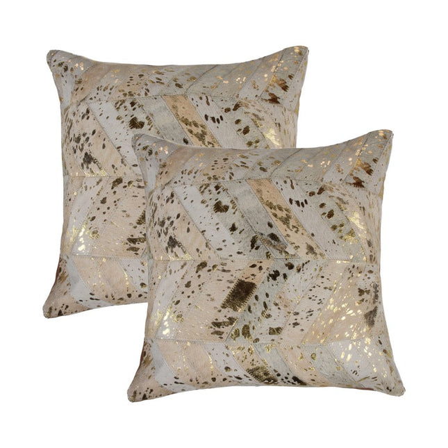Set of Two 18" Natural and Gold Chevron Cowhide Throw Pillows with Glitter HomeRoots