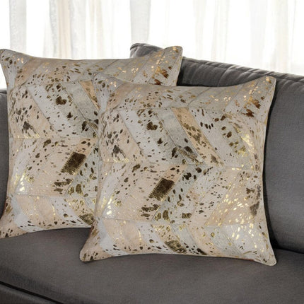Set of Two 18" Natural and Gold Chevron Cowhide Throw Pillows with Glitter HomeRoots