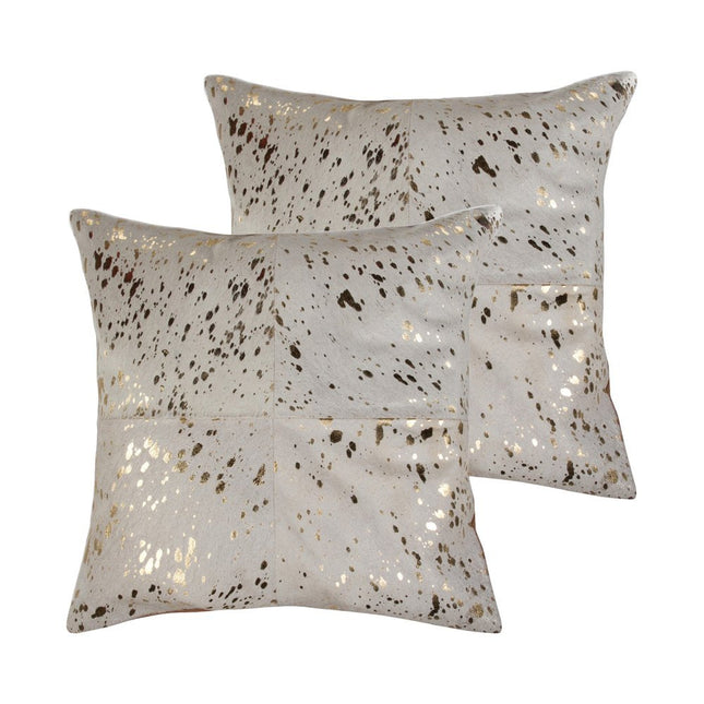 Set of Two 18" Natural and Gold Abstract Cowhide Throw Pillows with Glitter HomeRoots