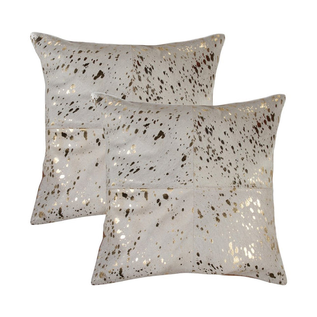 Set of Two 18" Natural and Gold Abstract Cowhide Throw Pillows with Glitter HomeRoots