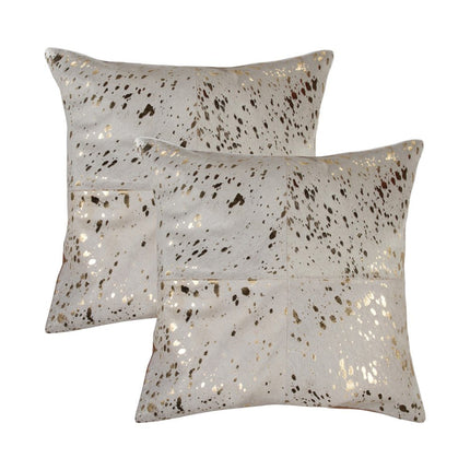 Set of Two 18" Natural and Gold Abstract Cowhide Throw Pillows with Glitter HomeRoots