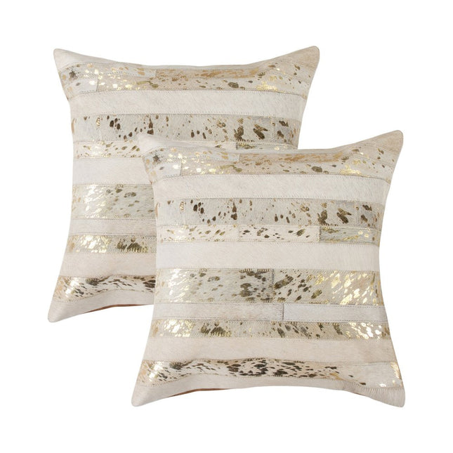 Set of Two 18" Natural and Gold Striped Cowhide Throw Pillows with Glitter HomeRoots