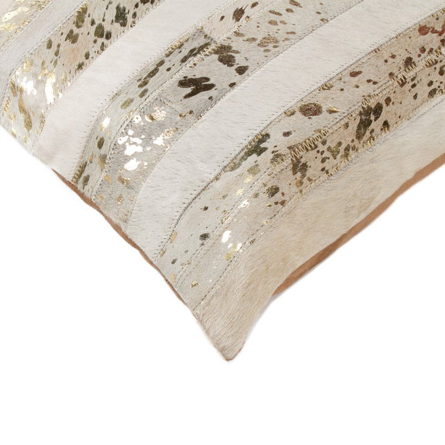 Set of Two 18" Natural and Gold Striped Cowhide Throw Pillows with Glitter HomeRoots