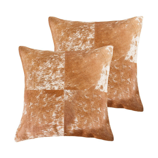 Set of Two 18" Brown and White Cowhide Cowhide Throw Pillows HomeRoots