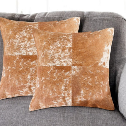 Set of Two 18" Brown and White Cowhide Cowhide Throw Pillows HomeRoots