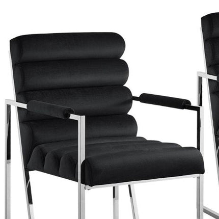 Set of Two Tufted Black And Silver Metallic Upholstered Velvet Dining Arm Chairs HomeRoots