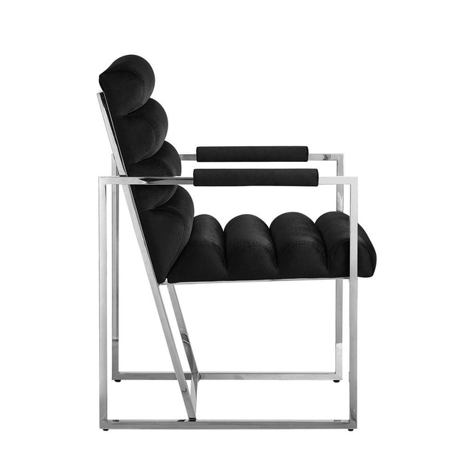 Set of Two Tufted Black And Silver Metallic Upholstered Velvet Dining Arm Chairs HomeRoots