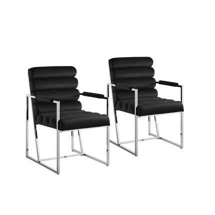 Set of Two Tufted Black And Silver Metallic Upholstered Velvet Dining Arm Chairs HomeRoots