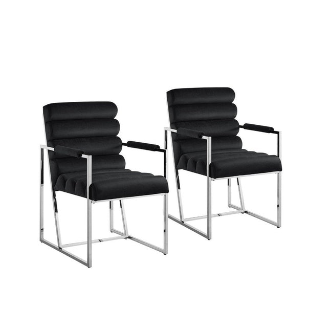 Set of Two Tufted Black And Silver Metallic Upholstered Velvet Dining Arm Chairs HomeRoots