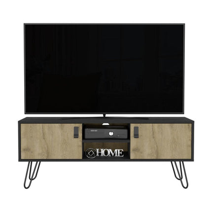 48" Beige and Black Cabinet Open And Enclosed Storage TV Stand HomeRoots