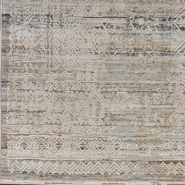 10' Ivory Brown And Gray Geometric Distressed Runner Rug With Fringe