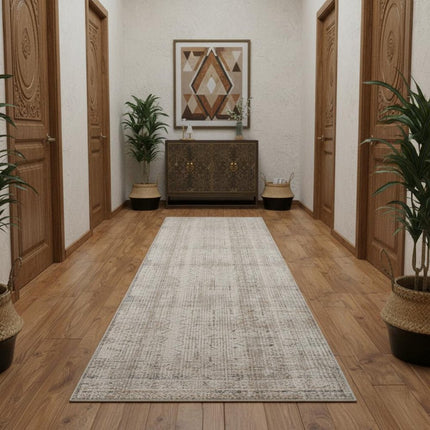 10' Ivory Brown And Gray Geometric Distressed Runner Rug With Fringe HomeRoots