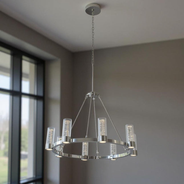 Silver And Clear Candle Style Eight Light Metal Dimmable Smart Enabled Chandelier With Clear Shades HomeRoots