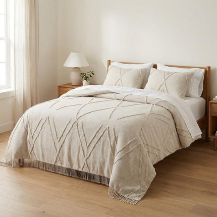 Ivory Geometric Queen Cotton Coverlet