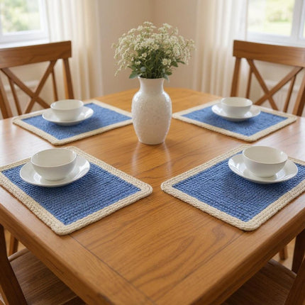 19" Set of Four Blue And Natural Solid With Border Cotton Placemats HomeRoots