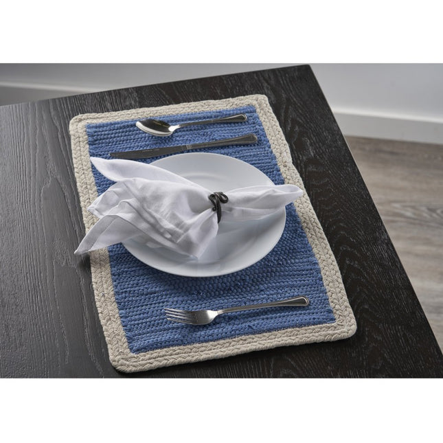 19" Set of Four Blue And Natural Solid With Border Cotton Placemats