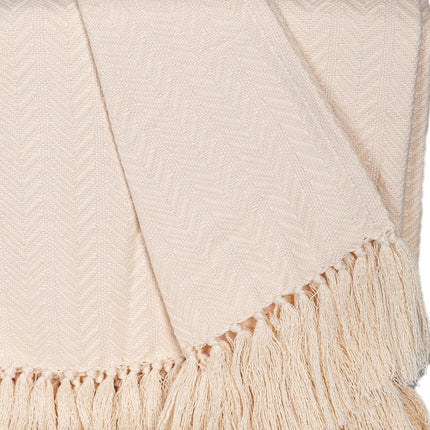 50" X 60" Cream Woven Cotton Herringbone Throw Blanket with Fringe HomeRoots