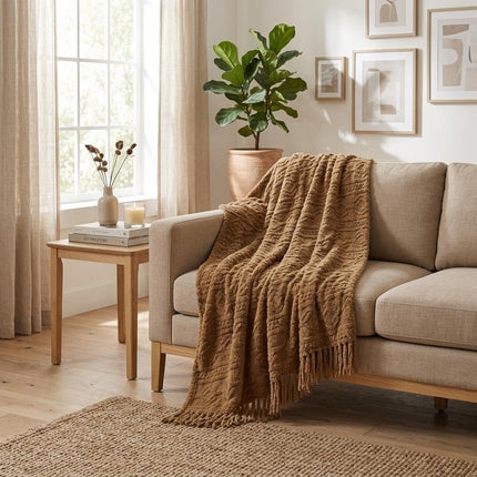 Twin Camel Fleece Geometric Plush Blanket HomeRoots