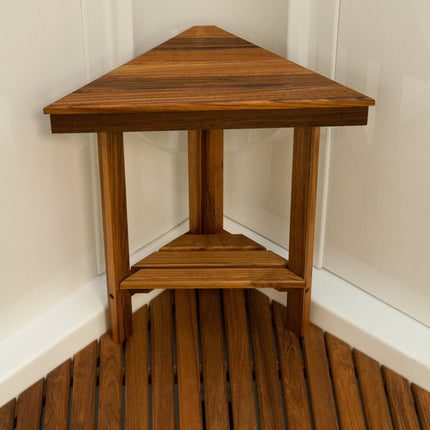 18" X 17" Brown Teak Corner Shower Bench With Shelf HomeRoots