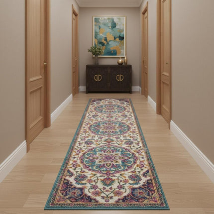 10' Ivory Blue And Yellow Floral Runner Rug HomeRoots