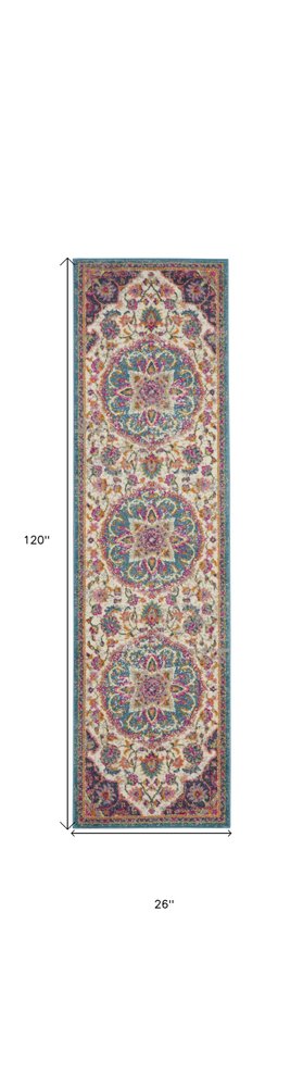 10' Ivory Blue And Yellow Floral Runner Rug HomeRoots