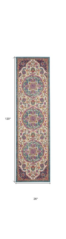 10' Ivory Blue And Yellow Floral Runner Rug HomeRoots