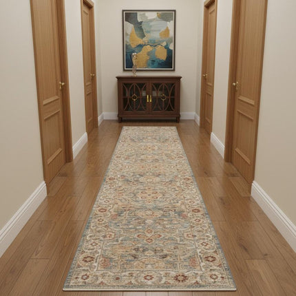 10' Ivory Blue And Orange Floral Medallion Distressed Runner Rug HomeRoots