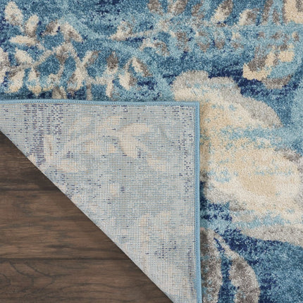 9' X 12' Turquoise Cream and Navy Blue Floral Distressed Area Rug HomeRoots