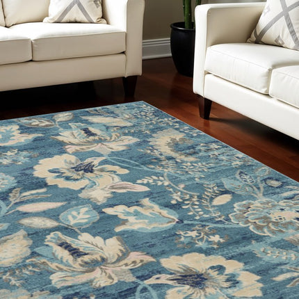 9' X 12' Turquoise Cream and Navy Blue Floral Distressed Area Rug HomeRoots