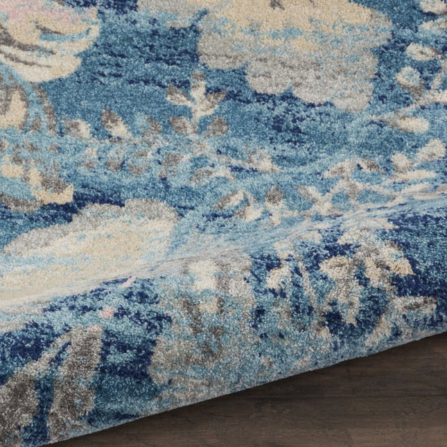 9' X 12' Turquoise Cream and Navy Blue Floral Distressed Area Rug HomeRoots