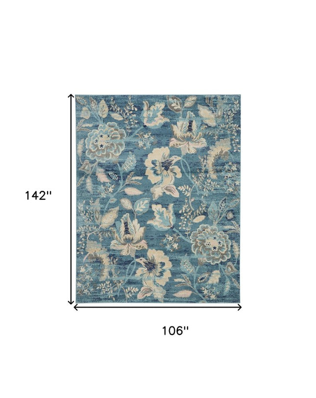 9' X 12' Turquoise Cream and Navy Blue Floral Distressed Area Rug HomeRoots