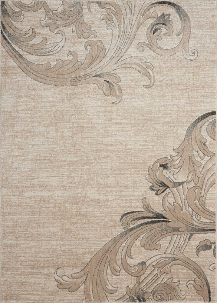 9' X 13' Tan Black and Ivory Damask Non Skid Area Rug