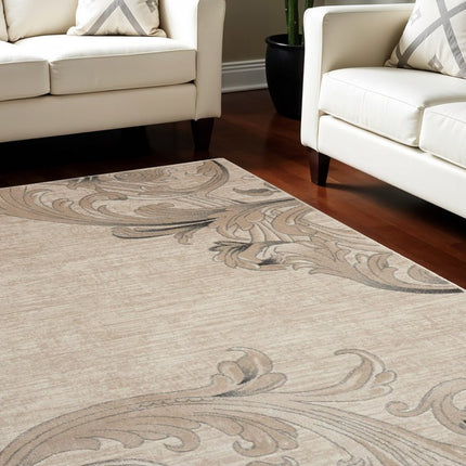 9' X 13' Tan Black and Ivory Damask Non Skid Area Rug HomeRoots