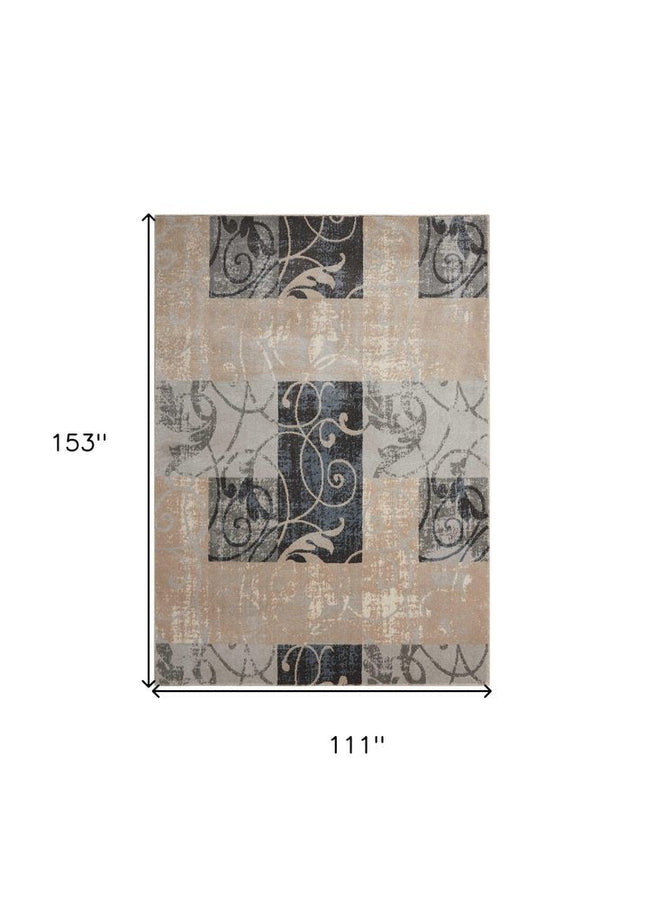 9' X 13' Tan Black and Ivory Floral Vines Non Skid Area Rug HomeRoots