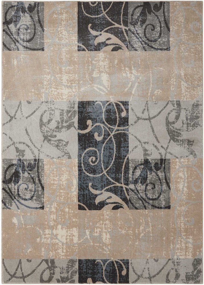 9' X 13' Tan Black and Ivory Floral Vines Non Skid Area Rug