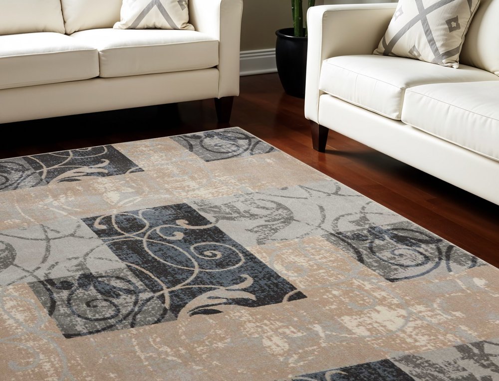 9' X 13' Tan Black and Ivory Floral Vines Non Skid Area Rug