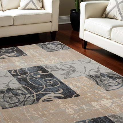 9' X 13' Tan Black and Ivory Floral Vines Non Skid Area Rug HomeRoots