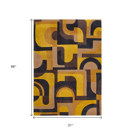 10' Black And Yellow Geometric Washable Runner Rug HomeRoots