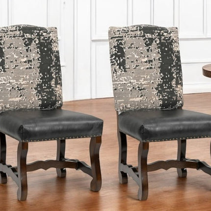 Set of Two Black Gray And Dark Brown Solid Wood Upholstered Chenille And Leather Dining Side Chairs HomeRoots