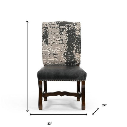 Set of Two Black Gray And Dark Brown Solid Wood Upholstered Chenille And Leather Dining Side Chairs HomeRoots