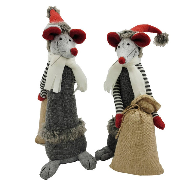 Set of Two Gray Brown And Red Fabric Rodent Christmas Santa and Mrs. Claus Figurine HomeRoots